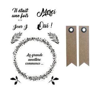 Tampons transparents 9 x 14 cm Amour & Mariage + 20 étiquettes kraft Fanion
