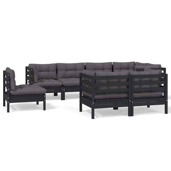 vidaXL Salon de jardin 8 Pièces avec coussins Noir Bois de pin massif