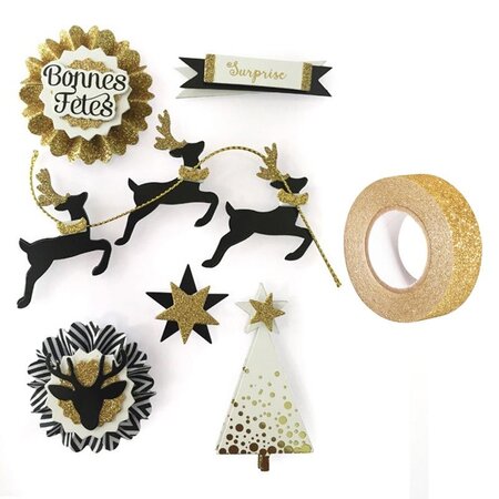 6 stickers 3D rennes de Noël 6 5 cm + masking tape doré à paillettes 5 m