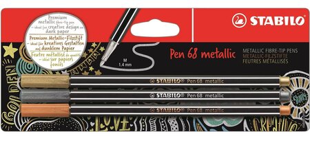 Blister x 3 feutres métallisés STABILO Pen 68 metallic - or, argent, cuivre x 10 STABILO