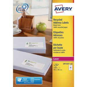 Etiquettes auto-adhésives d'adresses recyclées, faciles à décoller,  99,1 x 38,1 mm - 100 feuilles, 14 étiquettes par feuilles a4 - blanches (paquet 1400 unités)