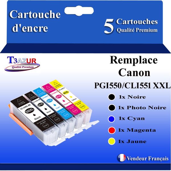 T3AZUR - 5x Cartouches compatibles avec Canon Canon PGI-550 CLI-551 XL pour Canon Pixma iP7250 MG5650 MX925 iX6850 MG5550 MG5450 MG6650 MX920 MG5400 MG6450 MG7500 MX725