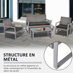 Ensemble salon de jardin design contemporain style yachting 4 places coussins inclus table basse métal époxy résine tressée grise