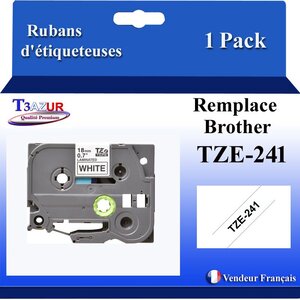 Ruban d'étiqueteuse compatible avec Brother Tze241  Tze-241 pour étiqueteuses P-touch - Texte noir sur fond blanc - Largeur 18 mm x 8 mètres - T3AZUR