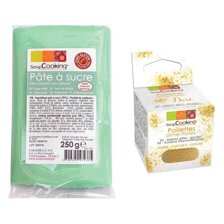 Pâte à sucre vert d'eau 250 g + paillettes dorées