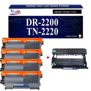 T3AZUR - Kit Tambour+ 4 Toners compatibles avec Brother TN2220 TN2010 DR2200 pour Brother MFC-7360N DCP-7055 HL-2130 MFC-7460DN HL-2240 HL-2240D HL-2250DN FAX-2840 FAX-2940 - 2600 pages