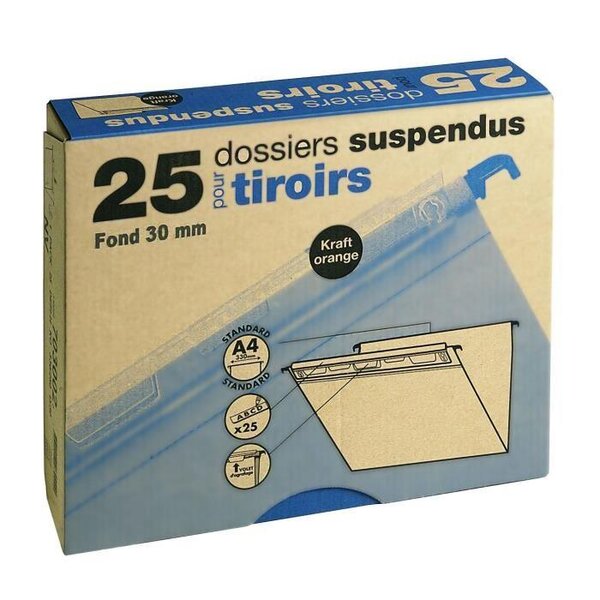 Lot de 25 dossiers suspendus Kraft Orange Volet d'agrafage Tiroir Fond 30 mm ELBA