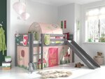 Lit Enfant Surélevé Avec Toboggan Gris + Rideau et tunnel de lit + 3 pochettes spring