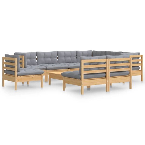 vidaXL Salon de jardin 10 Pièces avec coussins gris bois de pin massif