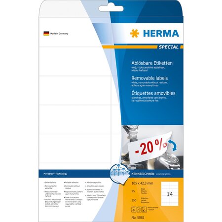 Boite de 350 etiquettes superprint amovibles 105x42,3mm 25 feuilles a4 blanc herma