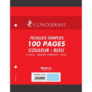 Feuilles Simples 17x22cm Seyès 100 Pages 80g Grands Carreaux Sous Film Bleues CONQUÉRANT