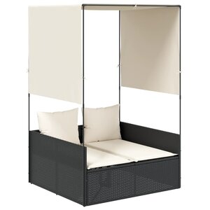vidaXL Chaise longue double avec toit et rideaux noir résine tressée