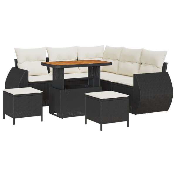 Ensemble de canapés de jardin 8 pièces avec coussins noir poly rattan acacia