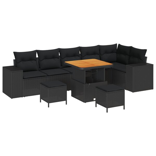 vidaXL Ensemble de canapés de jardin 9 pièces avec coussins en poly rotin noir et acacia.