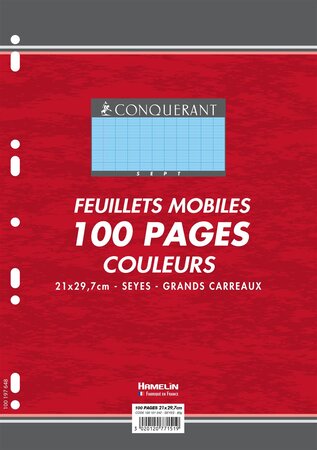 Feuillets mobiles 21x29,7 cm 100 pages grands carreaux bleus 80g CONQUÉRANT SEPT