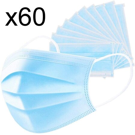 Lot de 60 masques chirurgicaux jetables - protection respiratoire 3 couches pour le visage - hypoallergénique et respirant - Norme CE