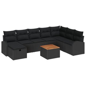 vidaXL Ensemble de canapé de jardin avec coussin 9 Pièces Noir Poly rotin
