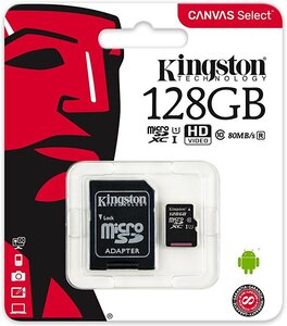 Carte mémoire Micro Secure Digital (micro SD) Kingston Canvas Select 128 Go SDHC Class 10 avec adaptateur