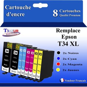 T3AZUR- 8x Cartouches Compatibles avec Epson T3471 T3472 T3473 T3474 T34XL 34XL