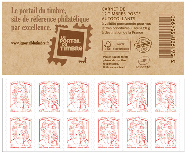 Carnet de 12 timbres Marianne - Rouge - Couverture Portail du Timbre