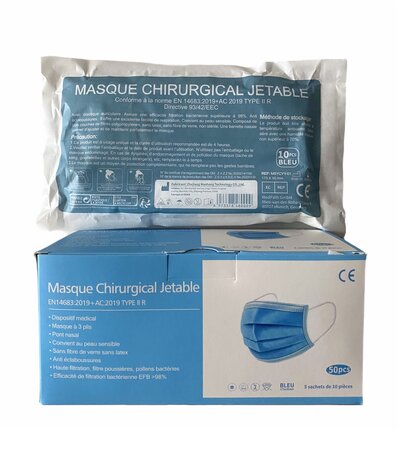 Lot de 200 Masques Chirurgicaux Type 2R - 99,5 % de filtration (EN14683:2019 + AC:2019)