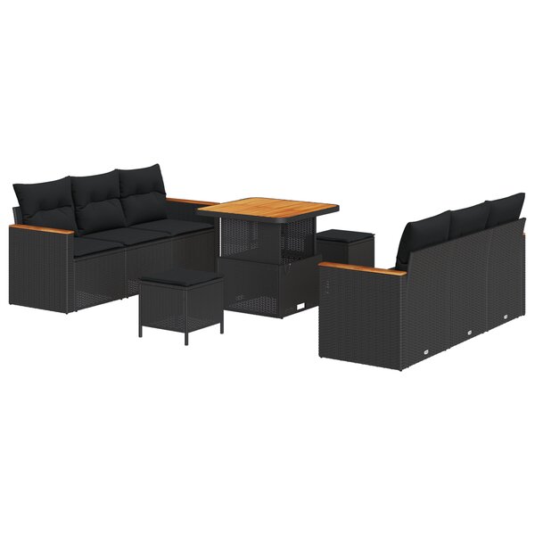 Ensemble de canapés de jardin 9 pièces avec coussins en poly rattan noir et acacia