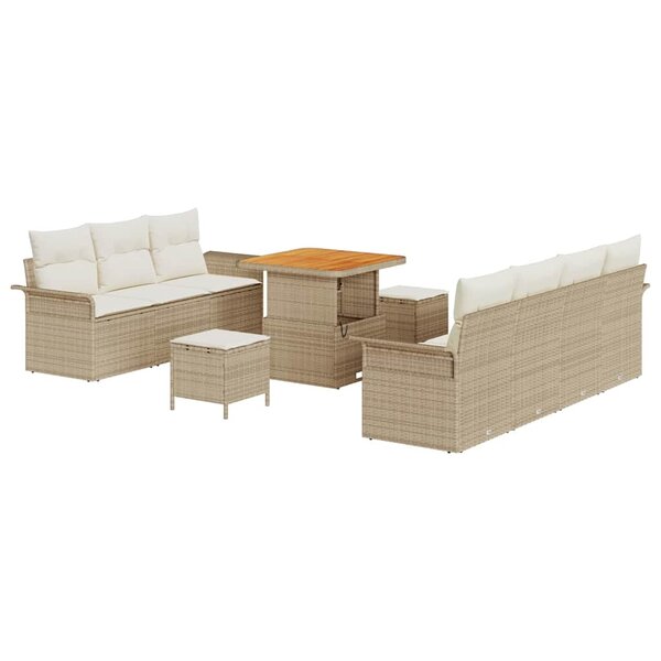 vidaXL Ensemble de canapés de jardin en 10 pièces avec des coussins en rotin poly beige et acacia.