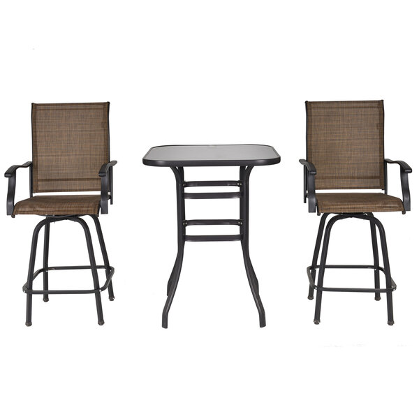 Ensemble salon de jardin bar 3 pièces 2 tabourets pivotants + 1 table bistro plateau verre trempé acier textilène marron