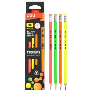 Boîte 12 crayons graphite hb corps triangulaire couleur néon bout gomme x 12 deli