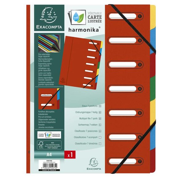 Trieur Harmonika  A4  7 compartiments  rouge x 8 EXACOMPTA