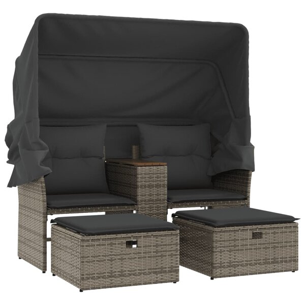 vidaXL Canapé de jardin 2 places avec auvent et tabourets gris rotin