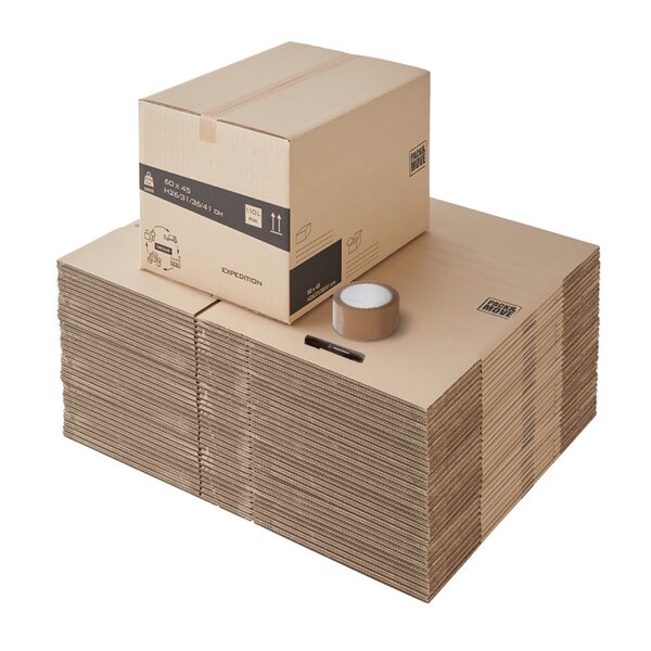 Pack and Move - Lot 45 cartons déménagement hauteur modubale variable personnalisable - 60 x 45 x 31-41 cm - Poignées renforcées - 1 adhésif offert