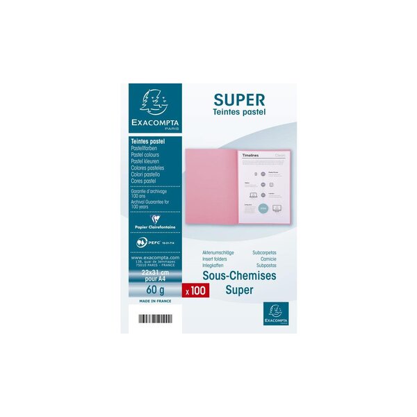 Paquet de 100 sous-chemises SUPER 60g 22x31cm Rose x 10 EXACOMPTA