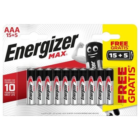 Piles Alcalines Energizer Max AAA/LR3, pack de 15+5