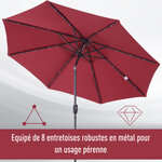 Parasol lumineux octogonal inclinable Ø 2 75 x 2 33 m parasol LED solaire métal polyester haute densité 180 g/m² bordeaux