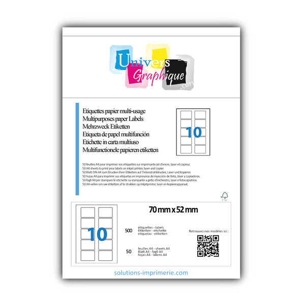 Lot de 50 planches a4 de 10 étiquettes à bords ronds 70 x 52 mm en papier blanc 70g/m² multifonction