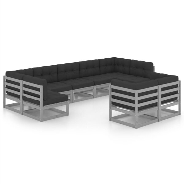 vidaXL Salon de jardin 9 Pièces avec coussins Gris Bois de pin massif