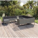 vidaXL Salon de jardin 12 Pièces avec coussins Résine tressée Gris