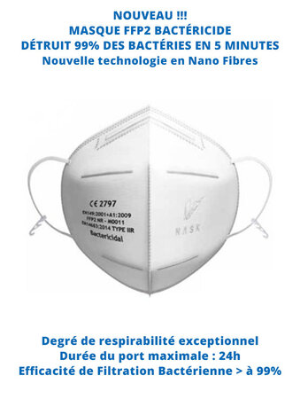 Boite de 50 masques type FFP2 Bactéricides - Masques en Nano Fibres Nouvelle technologie