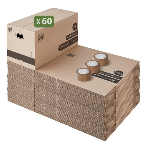 Pack and Move - Lot 60 cartons déménagement XL - 80 x 40 x 40 cm - Poignées renforcées - 3 adhésifs offerts