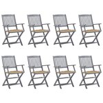vidaXL Chaises pliables d'extérieur lot de 8 et coussins Bois d'acacia