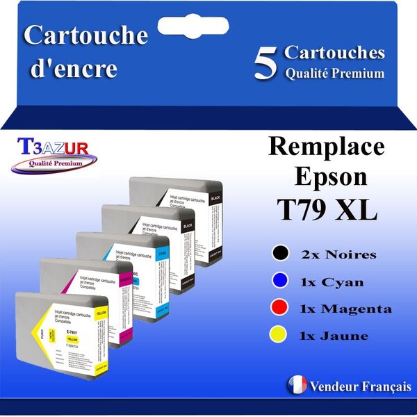 5 Cartouches Compatibles pour Epson WF5110DW  WF5190DW  WF5690DWF remplace Epson T7911 T7912 T7913 T7914  - T3AZUR