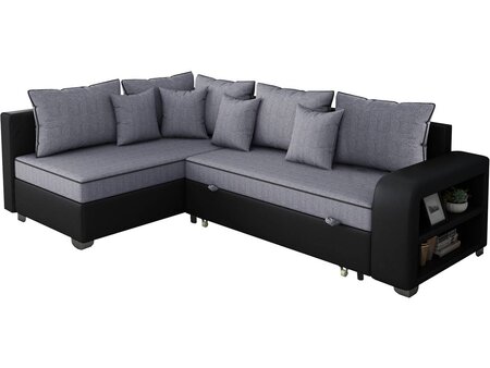 Canapé d'angle convertible "Gregory" - 268 x 99/178 x 85 cm - 4 Places - Gris/Noir - Angle gauche