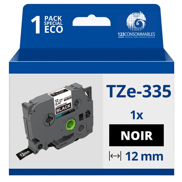Ruban compatible Brother TZe335 - Texte blanc sur fond noir - Largeur 12 mm x 8 mètres