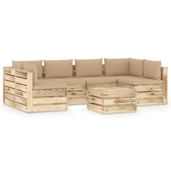 vidaXL Salon de jardin 7 Pièces avec coussins Bois imprégné de vert