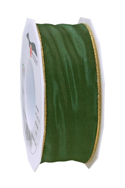 Ruban de soie avec bordure doré manhattan 25-m-rouleau 40 mm vert sapin