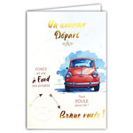 69-3143 Carte Nouveau Départ Retraite Bonne Route Voiture Rouge Vis à font tes projets Peinture Aquarelle -Finitions Dorure Or Doré + Gaufrage en Relief +1 Enveloppe Format 12x17cm -Fabriqué en Europe