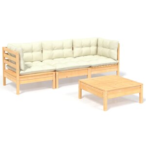 Salon de jardin meuble d'extérieur ensemble de mobilier 4 pièces avec coussins crème bois de pin 02_0016126