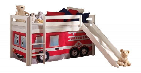 PINO Lit mezzanine avec toboggan pin massif Blanc + Rideau de lit pompier