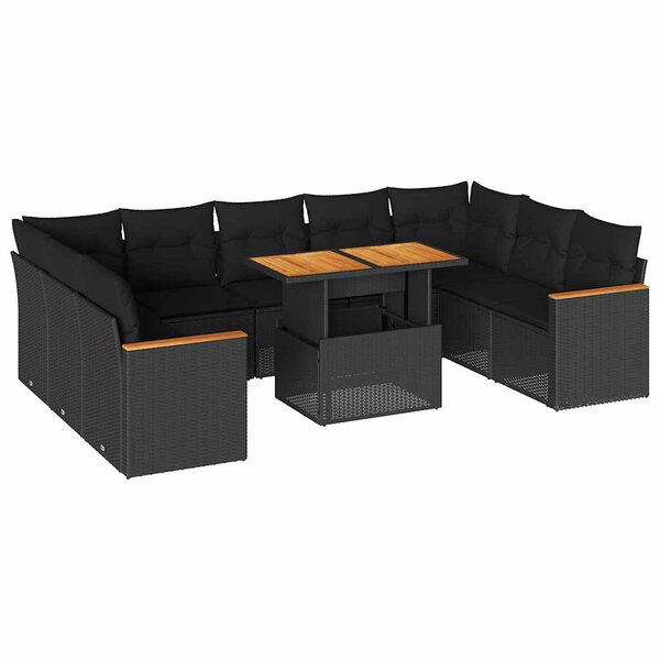 vidaXL Salon de jardin 10 Pièces avec coussins noir résine tressée acacia